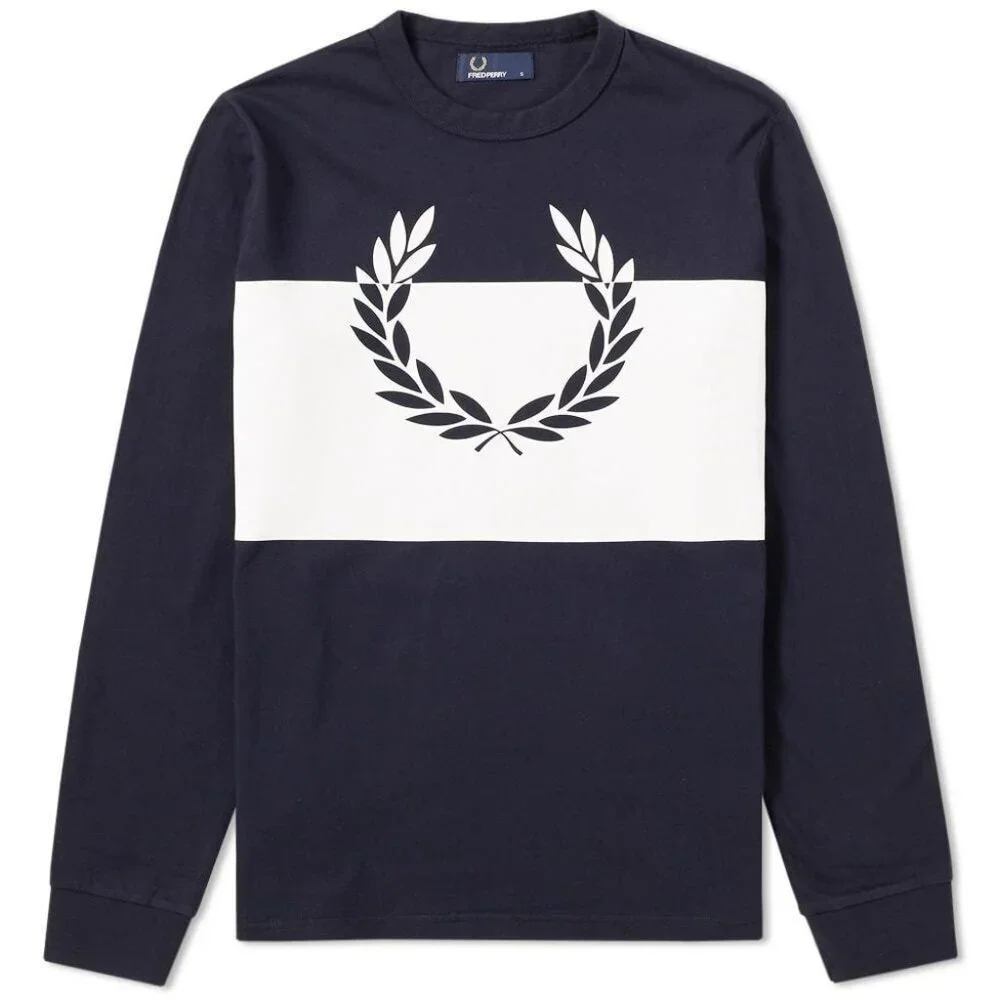 Fred Perry Men's X-Large Long Sleeve Laurel Wreath T-Shirt, Navy/White - Picture 1 of 1